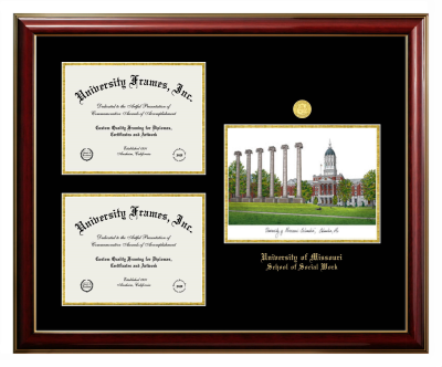 University of Missouri School of Social Work Triple Opening with Campus Image Frame in Classic Mahogany with Gold Trim with Black & Gold Mats for document: 8 1/2"h x 11"w  , document: 8 1/2"h x 11"w  