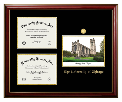 University of Chicago Triple Opening with Campus Image Frame in Classic Mahogany with Gold Trim with Black & Gold Mats for DOCUMENT: 8 1/2"H X 11"W  , DOCUMENT: 8 1/2"H X 11"W  