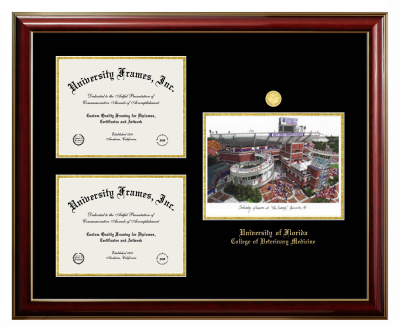 University of Florida College of Veterinary Medicine Triple Opening with Campus Image Frame in Classic Mahogany with Gold Trim with Black & Gold Mats for document: 8 1/2"h x 11"w  , document: 8 1/2"h x 11"w  
