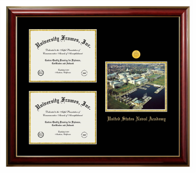 United States Naval Academy Triple Opening with Campus Image Frame in Classic Mahogany with Gold Trim with Black & Gold Mats for document: 8 1/2"h x 11"w  , document: 8 1/2"h x 11"w  