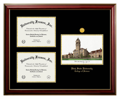 Utah State University College of Science Triple Opening with Campus Image Frame in Classic Mahogany with Gold Trim with Black & Gold Mats for document: 8 1/2"h x 11"w  , document: 8 1/2"h x 11"w  