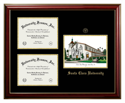Santa Clara University Triple Opening with Campus Image Frame in Classic Mahogany with Gold Trim with Black & Gold Mats for document: 8 1/2"h x 11"w  , document: 8 1/2"h x 11"w  
