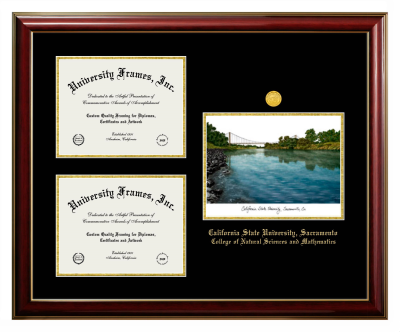 California State University, Sacramento College of Natural Sciences and Mathematics Triple Opening with Campus Image Frame in Classic Mahogany with Gold Trim with Black & Gold Mats for document: 8 1/2"h x 11"w  , document: 8 1/2"h x 11"w  