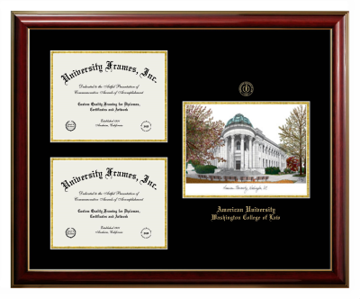 American University Washington College of Law Triple Opening with Campus Image Frame in Classic Mahogany with Gold Trim with Black & Gold Mats for DOCUMENT: 8 1/2"H X 11"W  , DOCUMENT: 8 1/2"H X 11"W  