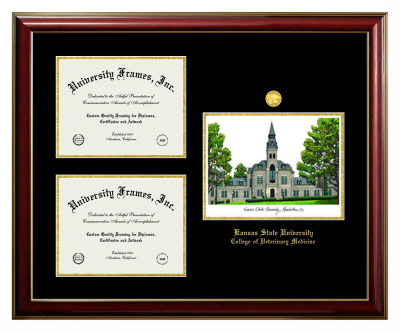 Kansas State University College of Veterinary Medicine Triple Opening with Campus Image Frame in Classic Mahogany with Gold Trim with Black & Gold Mats for document: 8 1/2"h x 11"w  , document: 8 1/2"h x 11"w  