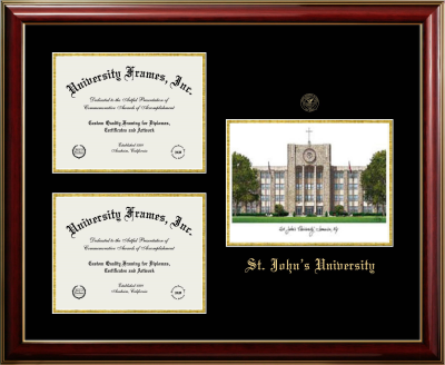 St. John's University (New York) Triple Opening with Campus Image Frame in Classic Mahogany with Gold Trim with Black & Gold Mats for document: 8 1/2"h x 11"w  , document: 8 1/2"h x 11"w  