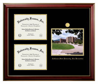 California State University, San Bernardino Triple Opening with Campus Image Frame in Classic Mahogany with Gold Trim with Black & Gold Mats for DOCUMENT: 8 1/2"H X 11"W  , DOCUMENT: 8 1/2"H X 11"W  