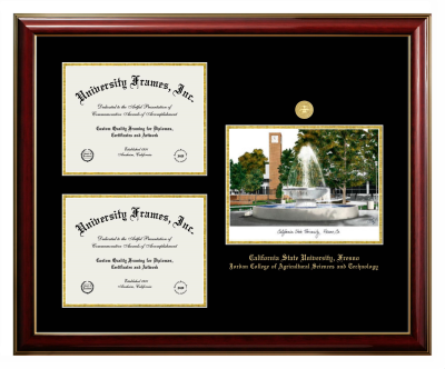 California State University, Fresno Jordan College of Agricultural Sciences and Technology Triple Opening with Campus Image Frame in Classic Mahogany with Gold Trim with Black & Gold Mats for document: 8 1/2"h x 11"w  , document: 8 1/2"h x 11"w  