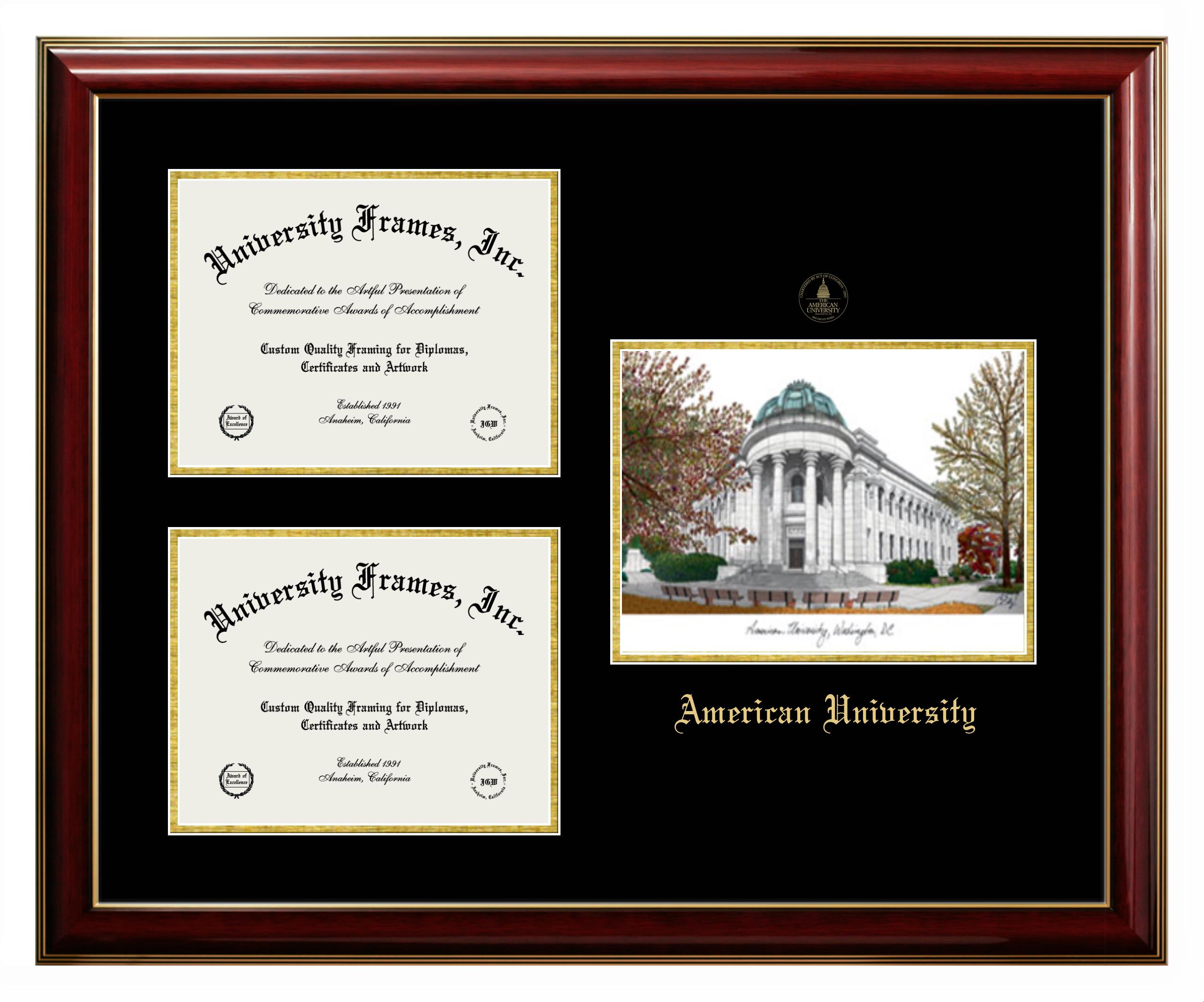 American University American University Triple Opening with Campus Image Frame in Classic Mahogany with Gold Trim with Black & Gold Mats for DOCUMENT: 8 1/2"H X 11"W  , DOCUMENT: 8 1/2"H X 11"W  