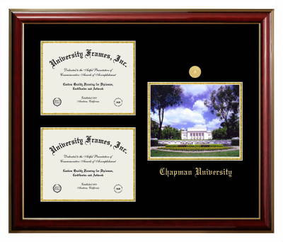 Chapman University Triple Opening with Campus Image Frame in Classic Mahogany with Gold Trim with Black & Gold Mats for document: 8 1/2"h x 11"w  , document: 8 1/2"h x 11"w  