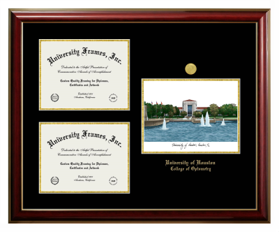 University of Houston College of Optometry Triple Opening with Campus Image Frame in Classic Mahogany with Gold Trim with Black & Gold Mats for document: 8 1/2"h x 11"w  , document: 8 1/2"h x 11"w  