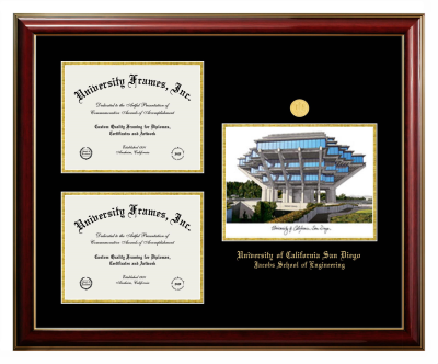 University of California San Diego Jacobs School of Engineering Triple Opening with Campus Image Frame in Classic Mahogany with Gold Trim with Black & Gold Mats for document: 8 1/2"h x 11"w  , document: 8 1/2"h x 11"w  