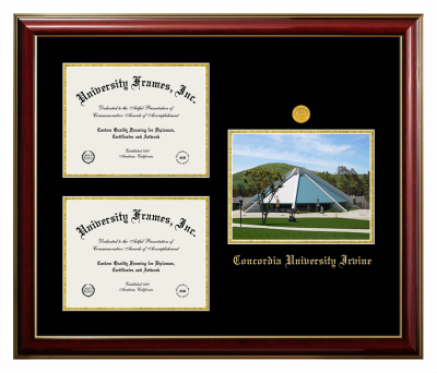 Concordia University Irvine Triple Opening with Campus Image Frame in Classic Mahogany with Gold Trim with Black & Gold Mats for DOCUMENT: 8 1/2"H X 11"W  , DOCUMENT: 8 1/2"H X 11"W  