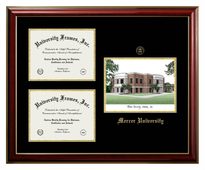 Mercer University Triple Opening with Campus Image Frame in Classic Mahogany with Gold Trim with Black & Gold Mats for document: 8 1/2"h x 11"w  , document: 8 1/2"h x 11"w  