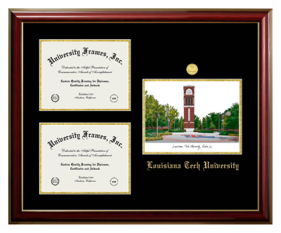 Louisiana Tech University Triple Opening with Campus Image Frame in Classic Mahogany with Gold Trim with Black & Gold Mats for document: 8 1/2"h x 11"w  , document: 8 1/2"h x 11"w  