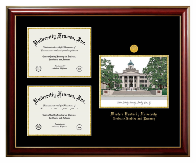 Western Kentucky University Graduate Studies and Research Triple Opening with Campus Image Frame in Classic Mahogany with Gold Trim with Black & Gold Mats for document: 8 1/2"h x 11"w  , document: 8 1/2"h x 11"w  