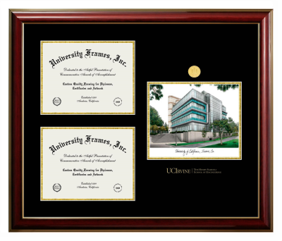 University of California Irvine The Henry Samueli School of Engineering Triple Opening with Campus Image Frame in Classic Mahogany with Gold Trim with Black & Gold Mats for DOCUMENT: 8 1/2"H X 11"W  , DOCUMENT: 8 1/2"H X 11"W  