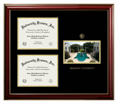 Belhaven University Triple Opening with Campus Image Frame in Classic Mahogany with Gold Trim with Black & Gold Mats for DOCUMENT: 8 1/2"H X 11"W  , DOCUMENT: 8 1/2"H X 11"W  