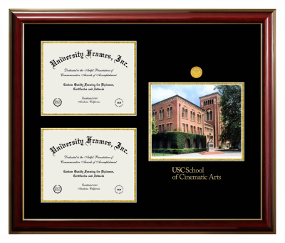 University of Southern California School of Cinematic Arts Triple Opening with Campus Image Frame in Classic Mahogany with Gold Trim with Black & Gold Mats for document: 8 1/2"h x 11"w  , document: 8 1/2"h x 11"w  