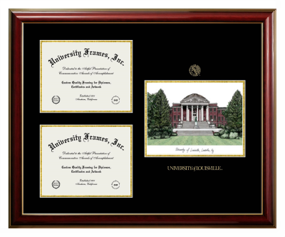 University of Louisville Triple Opening with Campus Image Frame in Classic Mahogany with Gold Trim with Black & Gold Mats for DOCUMENT: 8 1/2"H X 11"W  , DOCUMENT: 8 1/2"H X 11"W  