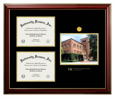 University of Southern California School of Cinema-Television Triple Opening with Campus Image Frame in Classic Mahogany with Gold Trim with Black & Gold Mats for document: 8 1/2"h x 11"w  , document: 8 1/2"h x 11"w  