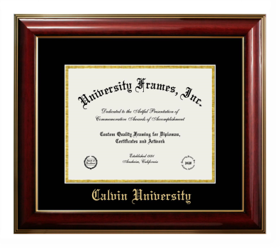 Calvin University Diploma Frame in Classic Mahogany with Gold Trim with Black & Gold Mats for DOCUMENT: 8 1/2"H X 11"W  