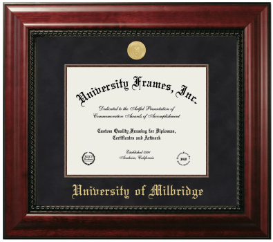 University of Milbridge Diploma Frame in Executive with Mahogany Fillet with Black Suede Mat for DOCUMENT: 8 1/2"H X 11"W  