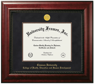 Clemson University College of Health, Education and Human Development Diploma Frame in Executive with Mahogany Fillet with Black Suede Mat for DOCUMENT: 8 1/2"H X 11"W  