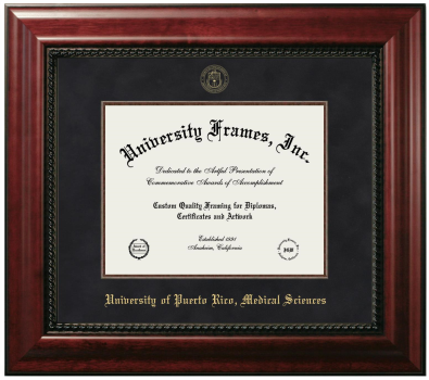 University of Puerto Rico-Medical Sciences Diploma Frame in Executive with Mahogany Fillet with Black Suede Mat for DOCUMENT: 8 1/2"H X 11"W  