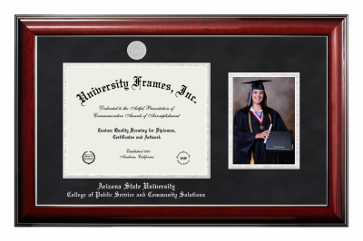 Arizona State University College of Public Service and Community Solutions Diploma with 5 x 7 Portrait Frame in Classic Mahogany with Silver Trim with Black Suede & Silver Mats for DOCUMENT: 8 1/2"H X 11"W  