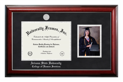 Arizona State University College of Human Services Diploma with 5 x 7 Portrait Frame in Classic Mahogany with Silver Trim with Black Suede & Silver Mats for DOCUMENT: 8 1/2"H X 11"W  