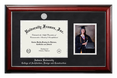 Auburn University College of Architecture, Design and Construction Diploma with 5 x 7 Portrait Frame in Classic Mahogany with Silver Trim with Black Suede & Silver Mats for DOCUMENT: 8 1/2"H X 11"W  