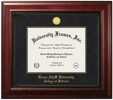 Texas A&M University College of Medicine Diploma Frame in Executive with Mahogany Fillet with Black Suede Mat for DOCUMENT: 8 1/2"H X 11"W  