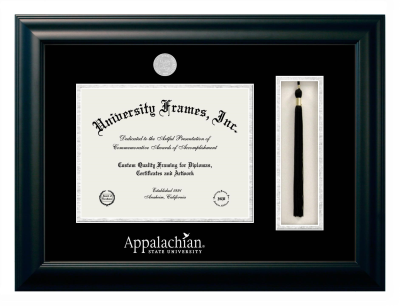 Appalachian State University Diploma with Tassel Box Frame in Satin Black with Black & Silver Mats for DOCUMENT: 8 1/2"H X 11"W  