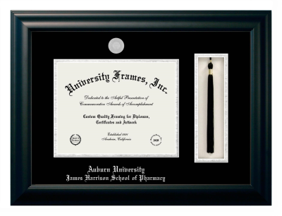 Auburn University James Harrison School of Pharmacy Diploma with Tassel Box Frame in Satin Black with Black & Silver Mats for DOCUMENT: 8 1/2"H X 11"W  