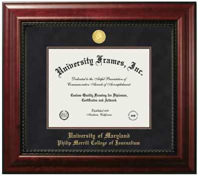 University of Maryland Philip Merrill College of Journalism Diploma Frame in Executive with Mahogany Fillet with Black Suede Mat for DOCUMENT: 8 1/2"H X 11"W  