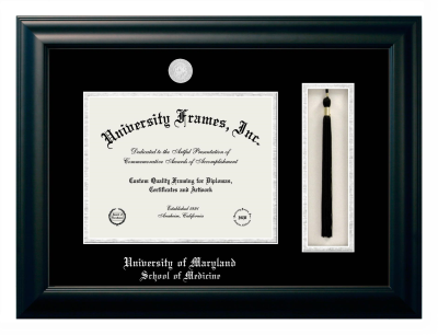 University of Maryland School of Medicine Diploma with Tassel Box Frame in Satin Black with Black & Silver Mats for DOCUMENT: 8 1/2"H X 11"W  