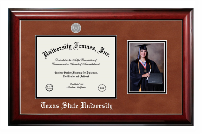 Texas State University Diploma with 5 x 7 Portrait Frame in Classic Mahogany with Silver Trim with Burnt Orange Suede & Black Mats for DOCUMENT: 8 1/2"H X 11"W  