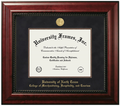 University of North Texas College of Merchandising, Hospitality, and Tourism Diploma Frame in Executive with Mahogany Fillet with Black Suede Mat for document: 8 1/2"h x 11"w  