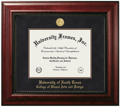 University of North Texas College of Visual Arts and Design Diploma Frame in Executive with Mahogany Fillet with Black Suede Mat for DOCUMENT: 8 1/2"H X 11"W  
