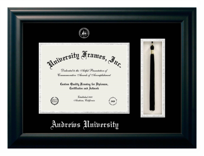 Andrews University Diploma with Tassel Box Frame in Satin Black with Black & Silver Mats for document: 8 1/2"h x 11"w  