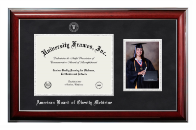 American Board of Obesity Medicine Diploma with 5 x 7 Portrait Frame in Classic Mahogany with Silver Trim with Black Suede & Silver Mats for DOCUMENT: 8 1/2"H X 11"W  