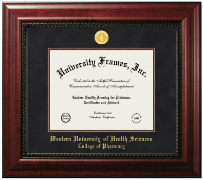 Western University of Health Sciences College of Pharmacy Diploma Frame in Executive with Mahogany Fillet with Black Suede Mat for document: 8 1/2"h x 11"w  