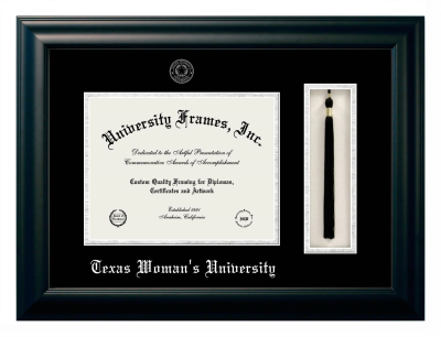 Texas Woman's University Diploma with Tassel Box Frame in Satin Black with Black & Silver Mats for document: 8 1/2"h x 11"w  