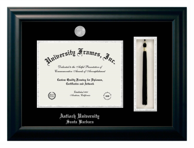 Antioch University Santa Barbara Diploma with Tassel Box Frame in Satin Black with Black & Silver Mats for DOCUMENT: 8 1/2"H X 11"W  