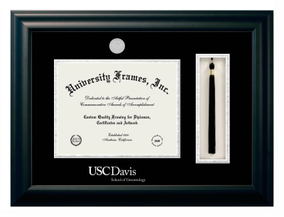 University of Southern California Davis School of Gerontology Diploma with Tassel Box Frame in Satin Black with Black & Silver Mats for document: 8 1/2"h x 11"w  