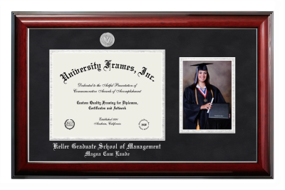Keller Graduate School of Management Magna Cum Laude Diploma with 5 x 7 Portrait Frame in Classic Mahogany with Silver Trim with Black Suede & Silver Mats for document: 8 1/2"h x 11"w  