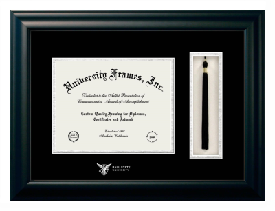 Ball State University Diploma with Tassel Box Frame in Satin Black with Black & Silver Mats for  8"h x 10"w  