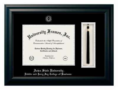 Iowa State University Debbie and Jerry Ivy College of Business Diploma with Tassel Box Frame in Satin Black with Black & Silver Mats for document: 8 1/2"h x 11"w  