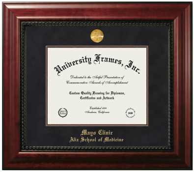 Mayo Clinic Alix School of Medicine Diploma Frame in Executive with Mahogany Fillet with Black Suede Mat for document: 8 1/2"h x 11"w  